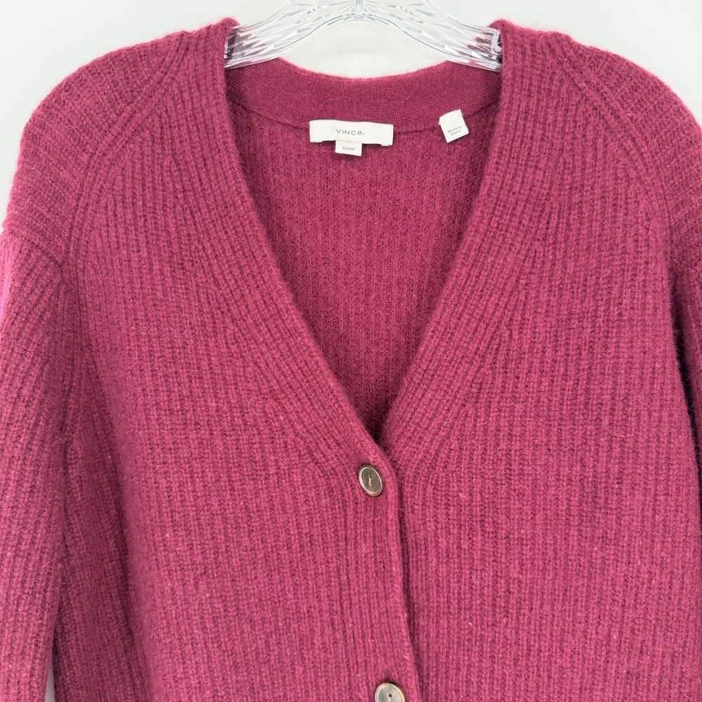 Vince Oversized Wool & Cashmere Cardigan Burgundy Ribbed V-Neck XS - Picture 7 of 14